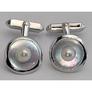 SOLD - Vintage Silver Mid Century Mother of Pearl Cultured Pearl Round Cufflinks